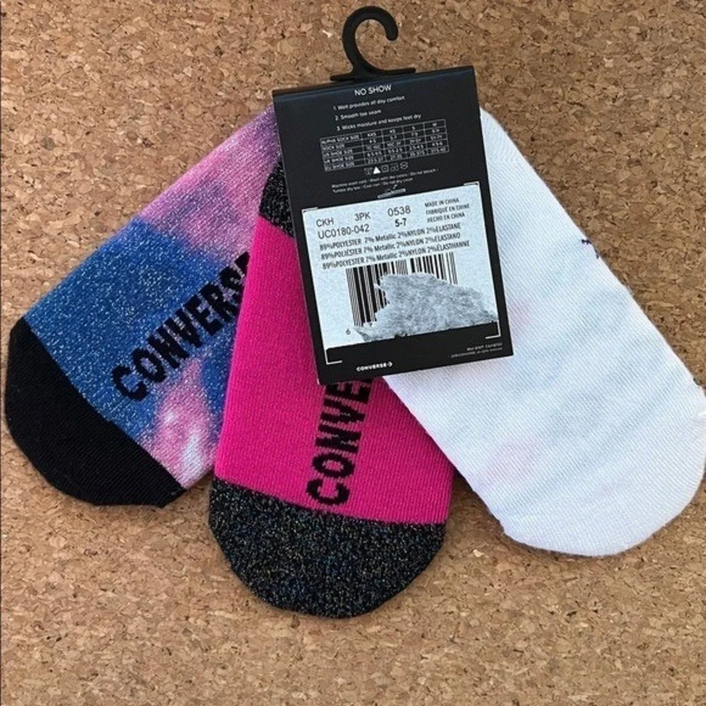 Converse No Show Socks Kids 10C-3Y Multicolor NEW 3-Pack Galaxy Logo Metallic